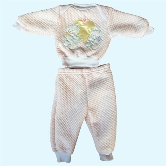 Vintage 80s/90s Fresh Kids Pink Baby Girl Sweat Suit With Cat Embroidery 6-9M